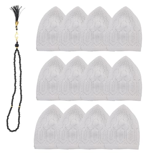 Men's Knit Kufi Muslim Prayer Cap Set with Tasbih Beads Multi Packs - color: Mercan - White