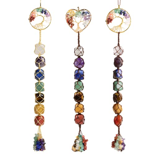 3 Pieces of 7 Chakras Healing Crystals and Tree of Life Wall Hanger Tumbled Gemstones Meditation Hanging Ornament Christmas Tree Memorial Hanging Pendant (Style 3) - color: A-style 21