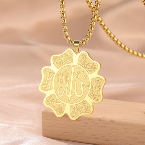 UNIFT Islamic Allah Necklace for Women Men Stainless Steel Muslim Allah Arabic Petal Shape Pendant Necklace Islam Religious Jewelry Eid Ramadan Gifts - color: gold