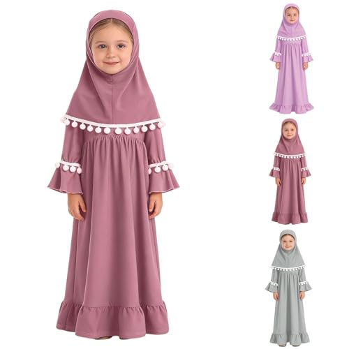 Muslim Prayer Dress 2 Piece Set Baby Toddler Long Sleeve Abaya with Hijab Islamic Scarf Kaftan Robe Ramadan Outfit - color: Hot Pink, size: 18-24 Months