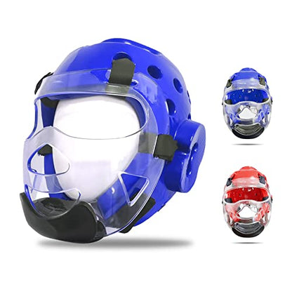 Kids & Adults Taekwondo Karate Headgear MMA Martial Arts Helmet, with Removable Face Shield, Soft Head Gear for Martial Art Grappling Muay Thai Kickboxing Taekwondo - color: Blue, size: Small
