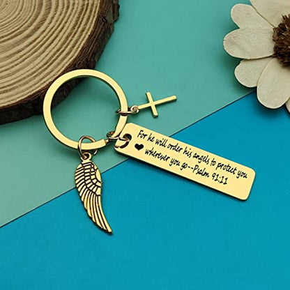 Dabihu Christian Keychain Gift for Women Men Religious Jewelry First Communion Gifts Baptism Gifts Bible Verse Keychain - color: For He Will Order His Angels to Protect You Wherever You Go Inspirational Gold Keychain
