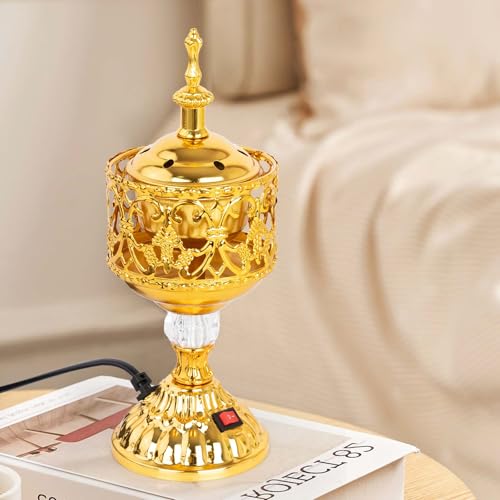 Golden Electric Incense Burner, Arabian Style Electric Incense Holder with US Plug, Middle Eastern Tabletop Decorative Censer for Yoga Spa Home Office Christian Church Decor