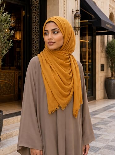 Cotton Linen Plain Hijab Scarf For Women,Muslim Viscose Crinkle Edge With Fringe,Summer Beach Wrap Headwraps Shawl - color: 11#ginger