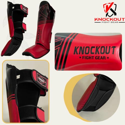 Muay Thai Shin Guards MMA Martial Arts -Padded, Adjustable Leg Guards with Instep Protection for Training and Sparring Gear Kickboxing Equipment – Durable, Professional - color: Red/Black, size: Large-X-Large