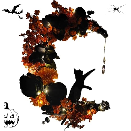 Halloween Wreath with Lights, Crescent Moon Cat Wreath for Door - color: Yellow