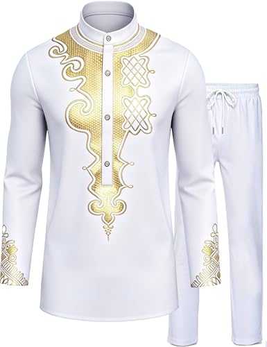 African Suits for Men African Outfits Dashiki Metallic Printed Suit - color: White Gold, size: X-Large