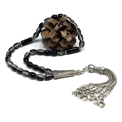 Transparent Crackle Black Glass Worry Beads, Prayer Beads, Tesbih, Tasbih, Tasbeeh, Rosary, Misbaha, Masbaha, Subha, Sebha (8x6mm-33 Beads) - color: Transparent Crackle Black Glass -8x6mm-33 Beads