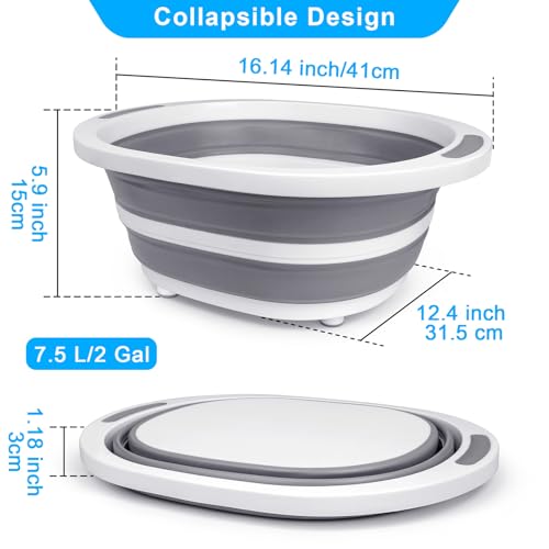 Collapsible Wash Basin, 7.5L Dish Tub Sink Basin Folding Dish Pans for Kitchen Sink, 2-in-1 Dishpan + Cutting Board, Portable Sink Dish Basin for Camping BBQ Prep Tub Washing Bin Bucket for Cleaning - style: No Lid