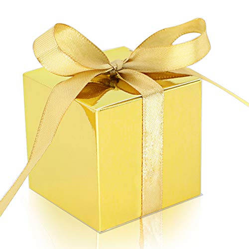 KPOSIYA 70 Pack Favor Boxes 2x2x2 inch Candy Boxes Gold Gift Boxes with Ribbons for Wedding Baby Shower Decorations Birthday Party Supplies - color: Gold(Pack of 70)