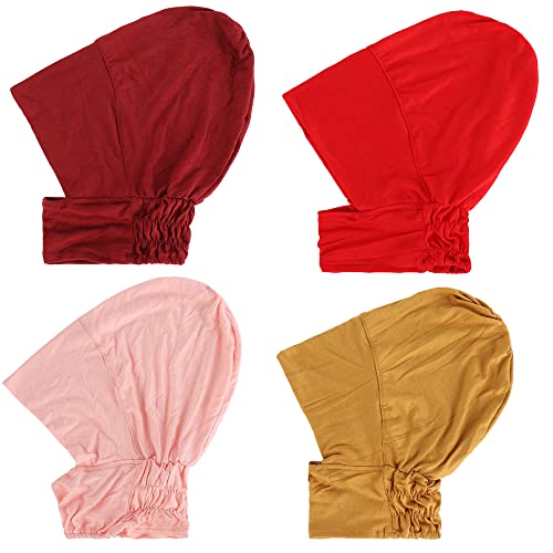 4pcs Muslim Inner Cap Stretch Turban Bonnet Underscarf Full Cover Hijab Neck Cover Head Wear - color: Wine Red Pink Yellow