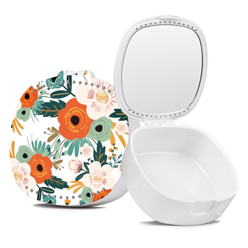 Retainer Case, Denture Case Night Guard Mouth Guard With Mirror and Ventilation Holes,Orange Flower - color: Orange Flower