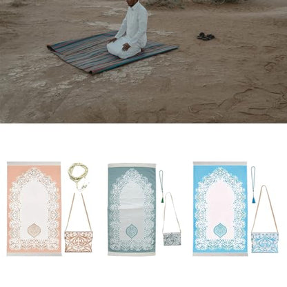 Islamic Prayer Mat with Beads and Compact Bag, Portable Travel Mat for Eid Ramadan Gifts for Women Men