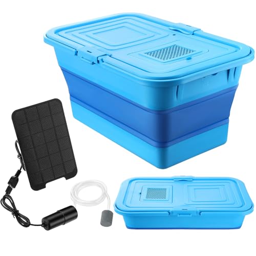 Geetery Live Bait Bucket with Solar Aerator, 20l Foldable Fishing Bucket, Portable Quiet Oxygen Pump, Collapsible Minnow Tank for Outdoor Fishing
