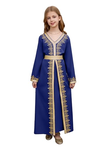 Girls Middle East Prayer Dress Muslim Abaya Hooded Islamic Modest Arabian Dresses Middle Dubai Attire Kaftan - color: Royal Blue, size: 4