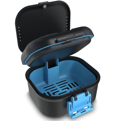 BVN Upgraded Leak Proof Denture Bath Cup with Strainer | Portable Denture Soaking Box with Storage Compartment, Travel Retainer Cleaning Case for Dentures, Braces & Mouth Guards - color: Black+blue