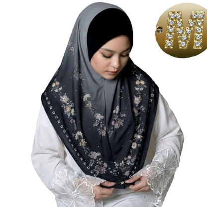 Instant Hijab For Women Ready To Wear Printed Floral Ombre Hijabs Islamic Abaya Turban Muslim Slip-On Khimar Hijab - color: 3# Ink Grey