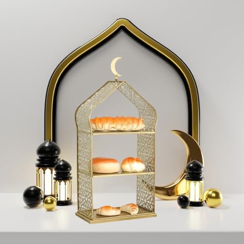 Ramadan Serving Tray 3 Tiered Metal Dessert Stand Cupcake Tower Cake Holder Stand Tiered Serving Tray for Islam Muslim Eid Mubarak Party Table Decor - size: 20*12*45cm