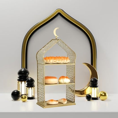 Ramadan Serving Tray 3 Tiered Metal Dessert Stand Cupcake Tower Cake Holder Stand Tiered Serving Tray for Islam Muslim Eid Mubarak Party Table Decor - size: 20*12*45cm