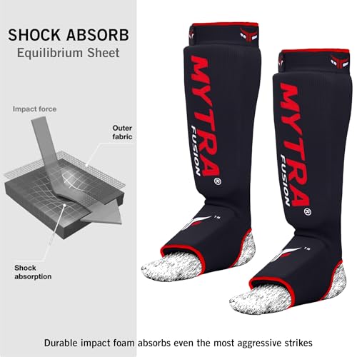 Mytra Fusion Shin Pads Instep Protector Kick Boxing Muay Thai Training Elasticated shin Guards - color: Black, size: Small-Medium