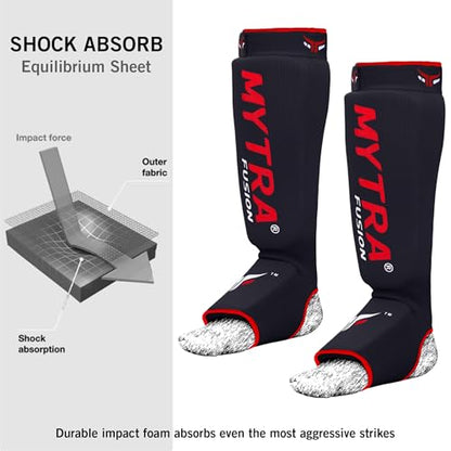 Mytra Fusion Shin Pads Instep Protector Kick Boxing Muay Thai Training Elasticated shin Guards - color: Black, size: Small-Medium
