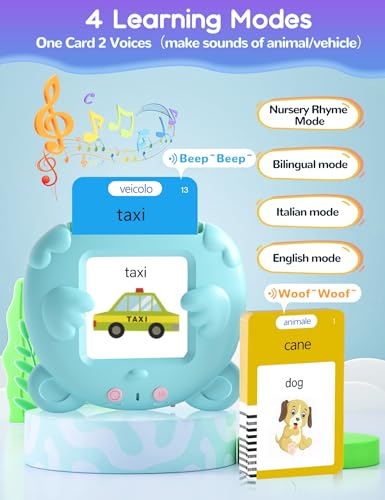 Italian and English Talking Flash Cards for Toddlers, 510 Sight Words Bilingual Learning Toys for Children, Autism Pocket Speech Therapy Toys, Italiano Vocabulary Educational Flashcards - size: 510-Italian&English(blue)
