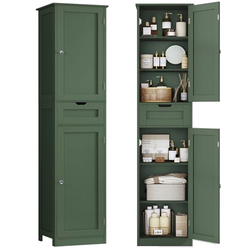 Tall Bathroom Cabinet with 2 Doors & 1 Drawer, Narrow Bathroom Storage Cabinet with Adjustable Shelves, for Living Room, Entryway, Kitchen, Forest Green - color: Forest Green, 2 Doors