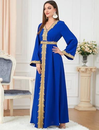 FYMNSI Women Muslim Abaya Dress Islamic Dubai Modest Lace Belted Dress Abayas Kaftan Eid Prayer Clothes Arabian Maxi Robe - color: Blue, size: Large