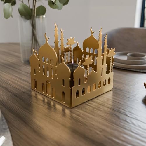 Metal Candle Holder with Masjid Motif Islamic Home Decor for Ramadan & Eid Dining Table Centerpiece Muslim Gift (Gold) - color: Gold