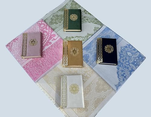 SAIKA Prayer Rug Set with Thanks Card, Full Arabic Quran Prayer Rug, Beads and Car Hanger Set,Ramadan Eid Wedding Birthday Graduation Mother's Day (Pink)