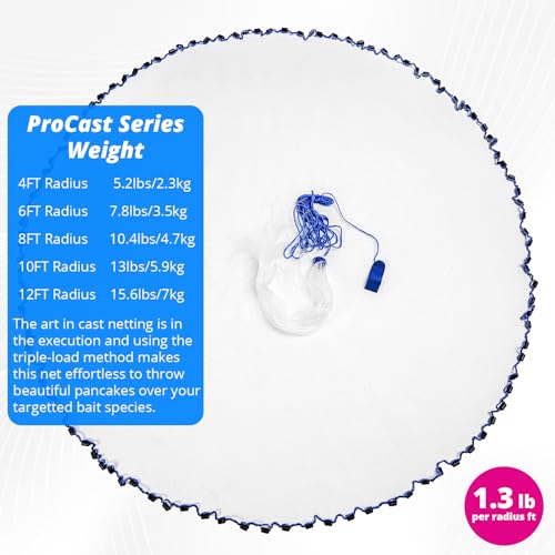 1.3 lbs/ft Fishing Cast Net with Eco-Friendly Lead Weights, ProCast Series | 3/8 inch Mesh Size, Throw Nets for Freshwater & Saltwater, 4/6/8/10/12 Ft Radius Casting Net - size: 4-ft radius