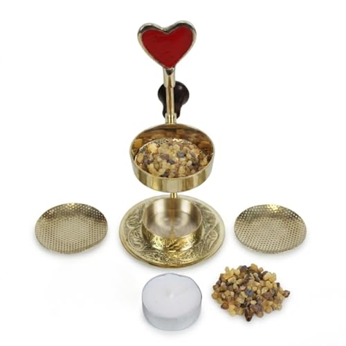 Brass Incense Burner Kit - Candle,Incense and Two Mesh Screens, Adjustable Charcoal and Tea Light Bakhoor Burner for Resin, Myrrh, Copal at Home, Church, or Meditation (Heart - Love Model) - color: Heart - Brass Burner