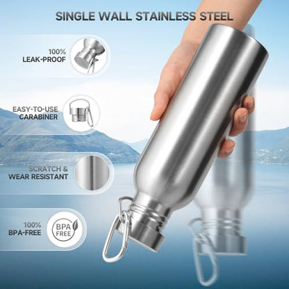 Volhoply 26oz Uninsulated Single Walled Water Bottle, Stainless Steel Reusable Water Bottles with Handle & Carabiner, BPA Free Wide Mouth Water Bottles for Gym Sports Camping(Silver,1) - color: Silver