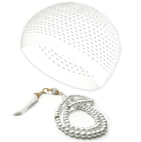 ESERRA Kufi Hats for Men and Women with 99 Tasbih Prayer Beads, Muslim Thick Breathable Skull Cap, Tasbeeh, Prayer Cap - color: White