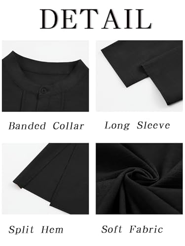 Runcati Mens Kaftan Thobe Button Down Henley Shirts Robe Long Sleeve Casual Cotton Pleated Muslim Gown Shirt - color: Black, size: Medium