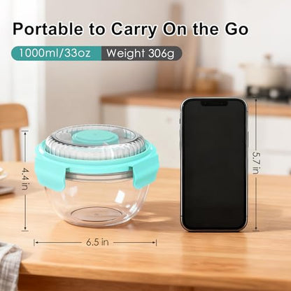 WHALEHOUSE 2-Pack 33 OZ Clear Eco-friendly SK chemicals ECOZEN Salad Container Sets, Portable Plastic Salad Bowls with Lid, Leak-Proof Dressing Container, Bento Lunch Box for Meal Prep & Food Storage - color: Green-2 Pack