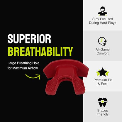 DAMAGE CONTROL Youth Football Mouth Guard – Breathable No Boil Mouthpiece, Protects Lips & Teeth, Works with Braces, Includes Helmet Strap – Sports Gear & Accessories (Red) - color: Red
