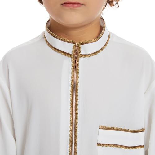 Muslim Abaya Islamic Thobe for Boys Long Sleeve Solid Festive Clothes Teen Kids Cozy Ramadan Prayer Thobe with Pocket - color: White, size: 7-8 Years