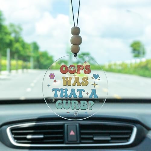 Talataca Oops was That A Curb 2D Flat Car Ornament & Wood Beads, Funny Quote Beaded Rear View Mirror Accessories, Retro Rearview Hanging Charm, Christmas Tree Decor - color: 50