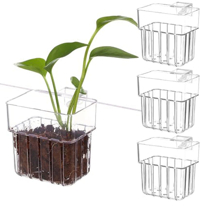 Gatuida 4 Pack Aquarium Plant Cups Clear Acrylic Fish Tank Plant Holders with Bottom Drain Holes Hanging Aquatic Planter Pots for Live Plants Aquarium Accessories