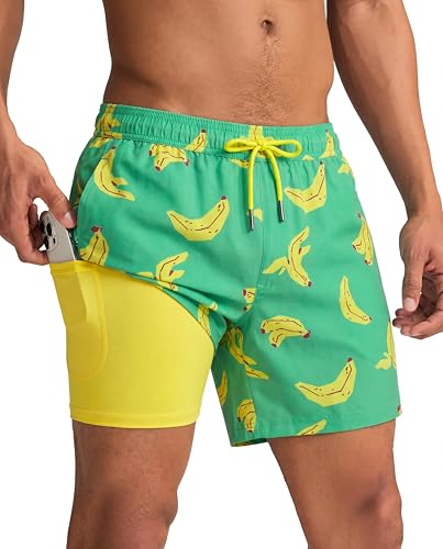 maamgic Mens Swim Trunks with Compression Liner 5 Inch, Quick Dry Bathing Suit with Zipper Pockets, No-Chafing Swim Shorts - color: Banana, size: Medium