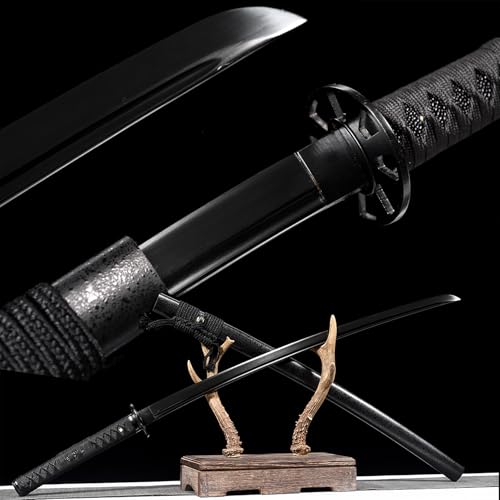 41 in All Black Japanese Samurai Katana Sword Functional Damascus Folded Steel