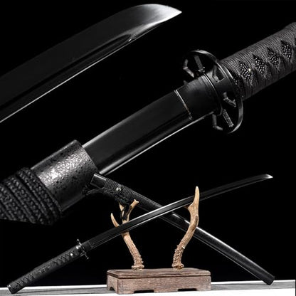41 in All Black Japanese Samurai Katana Sword Functional Damascus Folded Steel
