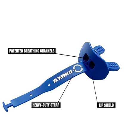 O Shield Striker Football Lip Guard with Permanent Strap | Football Lip Guard with Permanent Strap — Front Teeth, Lip, and Full Bite-Surface Coverage, No-Boil Ready Fit - color: Royal Blue