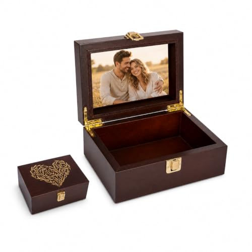 Small Wooden Memory Keepsake Boxes With Hinged Lids and a photo frame inside the lid - Decorative Storage Box With a Hinge Lids For Picture Letter Time Capsule - Wooden Gift Boxes，3.1“*5.1”*7.1“ - color: Brown