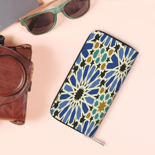 Geometric Islamic Art PU Leather Long Wallet for Women Men, Zipper Clutch Wallet RFID Card Holder Organizer - color: Geometric Islamic Art