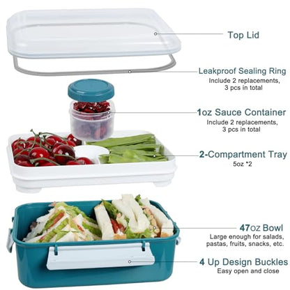 3 Pack Salad Lunch Box Food Storage Containers, 47oz Bento Box To Go Container with Lids, Meal Prep Containers with Removable Tray & Dressing Pots for Kids and Adults, Reusable and Microwave Safe - color: Navy & Navy & Navy