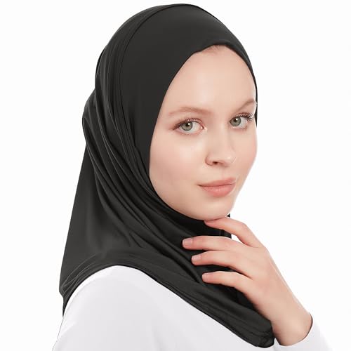 Plain Ready To Wear Amira Hijab for Women - Muslim Instant Amira Jersey Scarf – Soft Muslim One Piece Instant Hijab Headscarf - color: Black