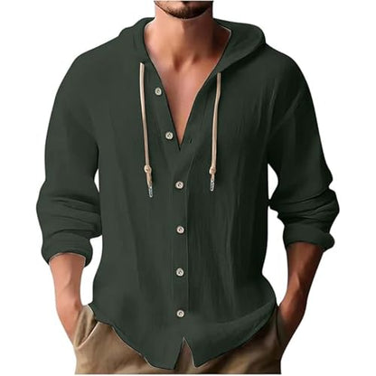 Linen Shirts for Men Casual Button Shirt Summer Cotton Linen Hoodie Beach Long Sleeve Shirts Top with Hood - color: A1-army Green, size: Small