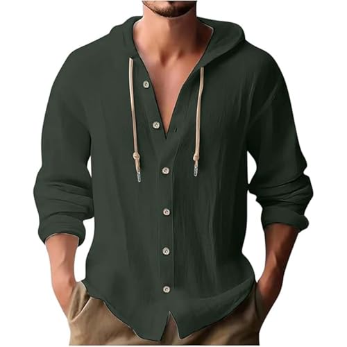 Linen Shirts for Men Casual Button Shirt Summer Cotton Linen Hoodie Beach Long Sleeve Shirts Top with Hood - color: A1-army Green, size: Small